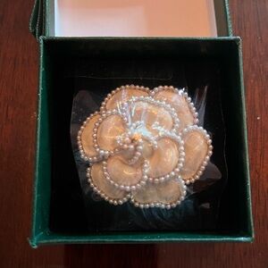 NEW! CREAMY WHITE ENAMEL & PEARL GARDENIA FLOWER PIN/ BROOCH.  1 1/2”.